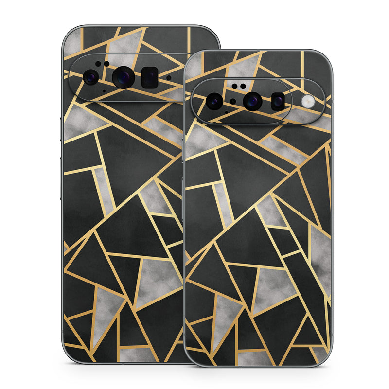Google Pixel 10 Series Skin design of Pattern, Triangle, Yellow, Line, Tile, Floor, Design, Symmetry, Architecture, Flooring, with black, gray, yellow colors