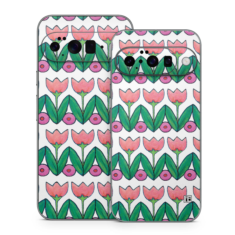Google Pixel 10 Series Skin design of Green, Rectangle, Textile, Botany, Line, Symmetry, Art, Font, Pattern, Magenta, with white, green, pink, purple colors