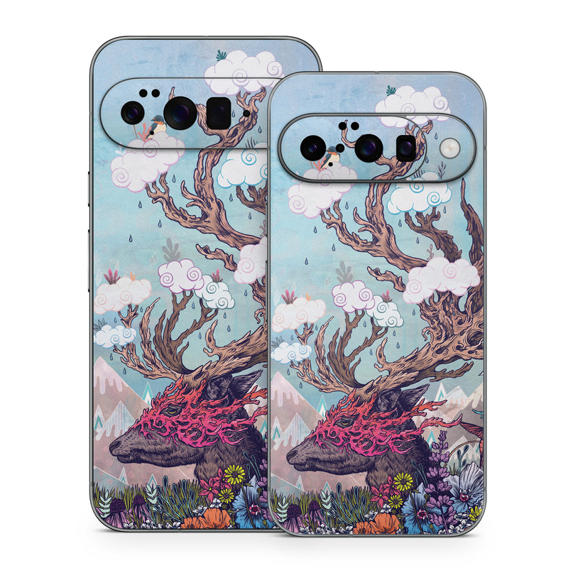 Google Pixel 10 Series Skin design of Illustration, Tree, Watercolor paint, Painting, Art, Plant, Acrylic paint, Fictional character, Flower, Blossom, with gray, black, red, purple, blue colors