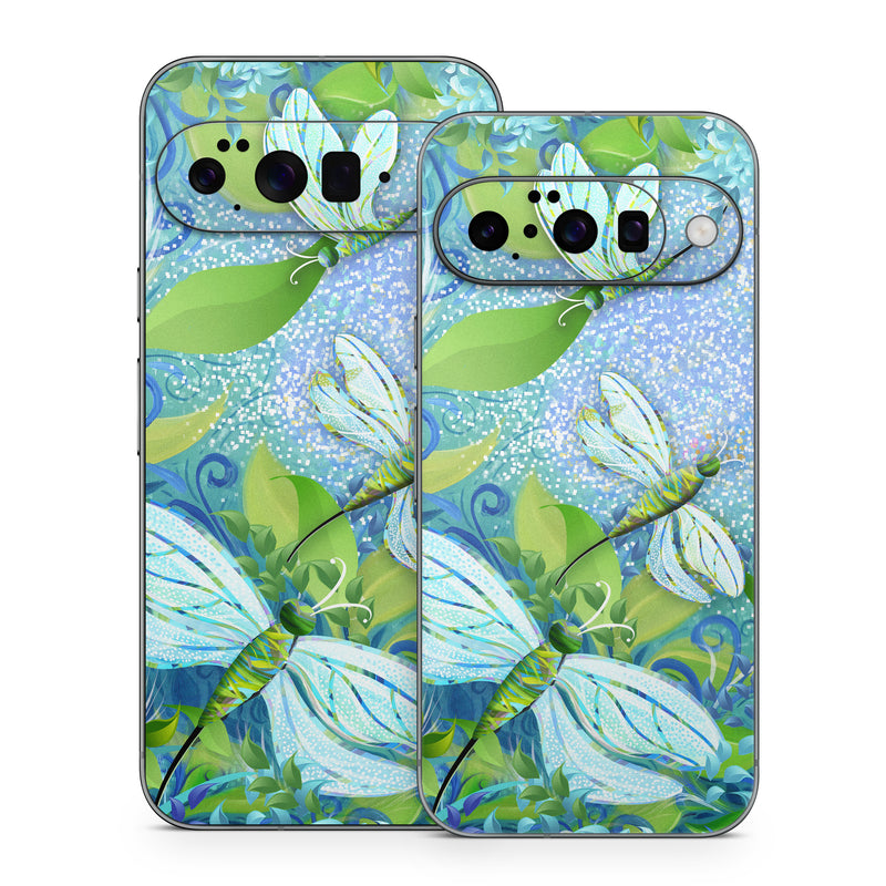 Google Pixel 10 Series Skin design of Green, Blue, Leaf, Plant, Pattern, Tree, Design, Organism, Branch, Flower, with gray, blue, green, purple colors