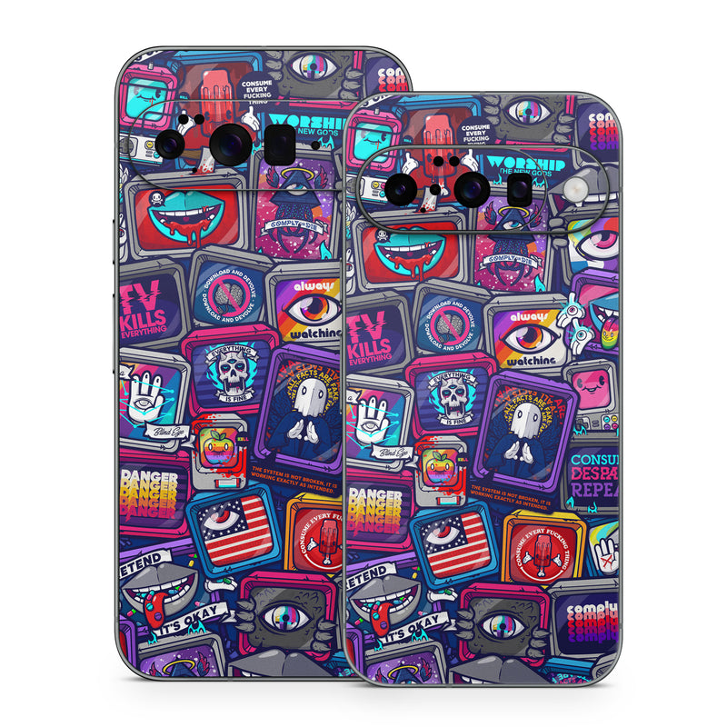 Google Pixel 10 Series Skin design of Pattern, Font, Art, Visual arts, Collection, with red, blue, black, gray, purple, yellow, white, green colors