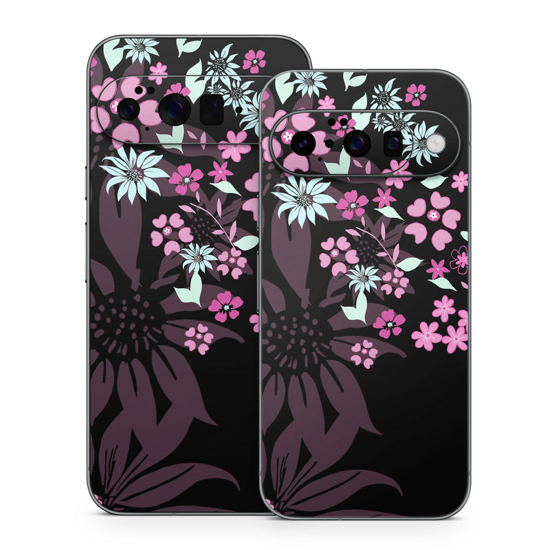 Google Pixel 10 Series Skin design of Pink, Pattern, Flower, Plant, Botany, Petal, Floral design, Design, Pedicel, Graphic design, with black, gray, purple, green, red, pink colors