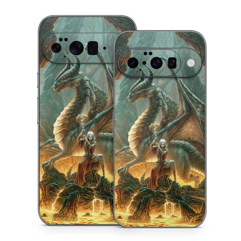 Google Pixel 10 Series Skin design of Dragon, Cg artwork, Mythology, Fictional character, Mythical creature, Art, Illustration, Cryptid, Sculpture, Demon, with black, green, red, gray, blue colors