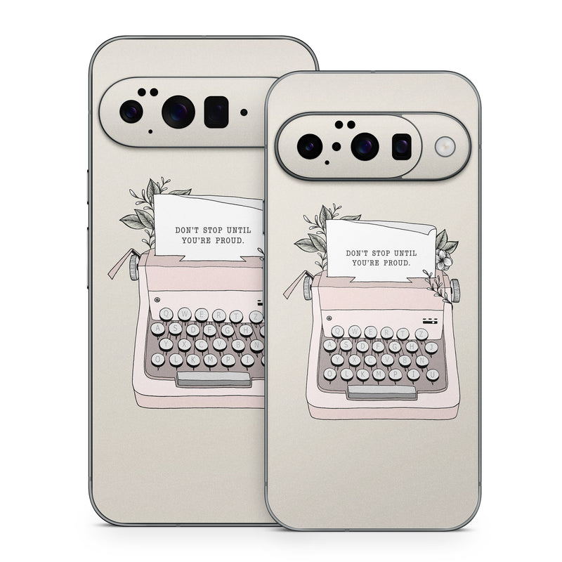 Google Pixel 10 Series Skin design of Typewriter, Office equipment, Space bar, Office supplies, Illustration, with black, white, pink colors