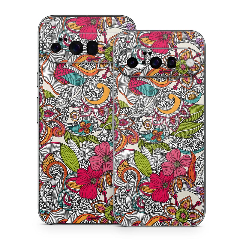 Google Pixel 10 Series Skin design of Pattern, Drawing, Visual arts, Art, Design, Doodle, Floral design, Motif, Illustration, Textile, with gray, red, black, green, purple, blue colors