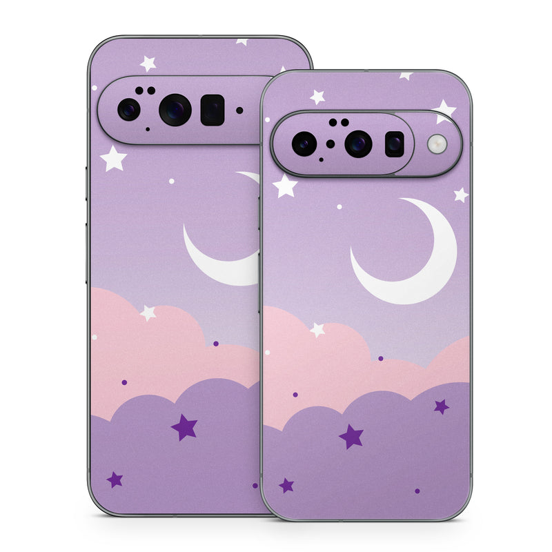 Google Pixel 10 Series Skin design of Astronomical object, Pink, Star, Purple, Crescent, Moon, Graphics, Animation, Wallpaper, Graphic design, with purple, white colors