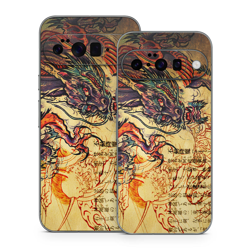 Google Pixel 10 Series Skin design of Illustration, Fictional character, Art, Demon, Drawing, Visual arts, Dragon, Supernatural creature, Mythical creature, Mythology, with black, green, red, gray, pink, orange colors
