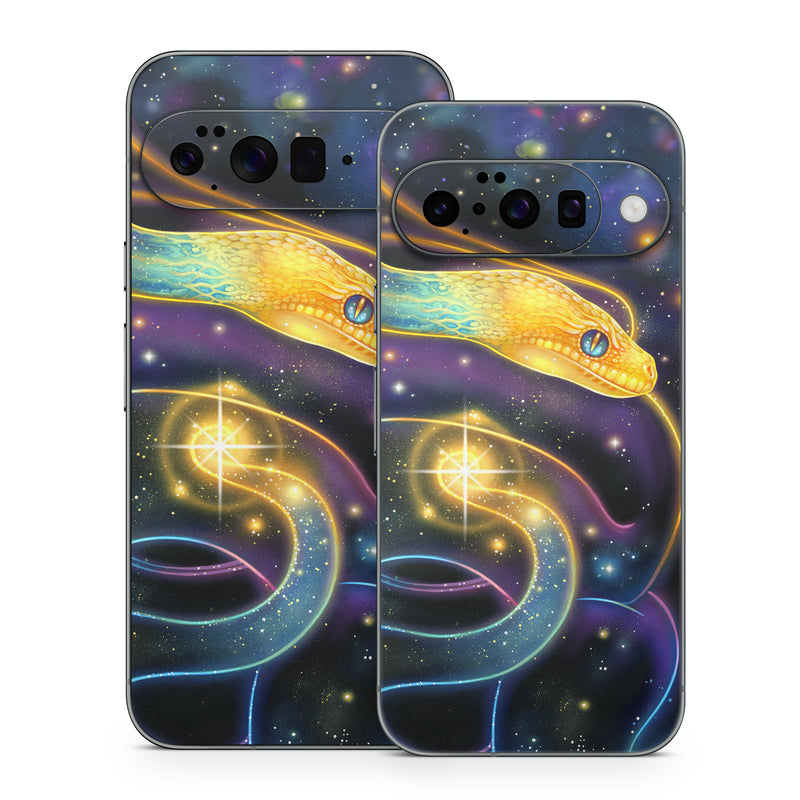 Google Pixel 10 Series Skin design of Atmosphere, Light, Organism, Art, Font, Astronomical object, Galaxy, Star, Science, Nebula, with black, white, yellow, orange, green, purple colors