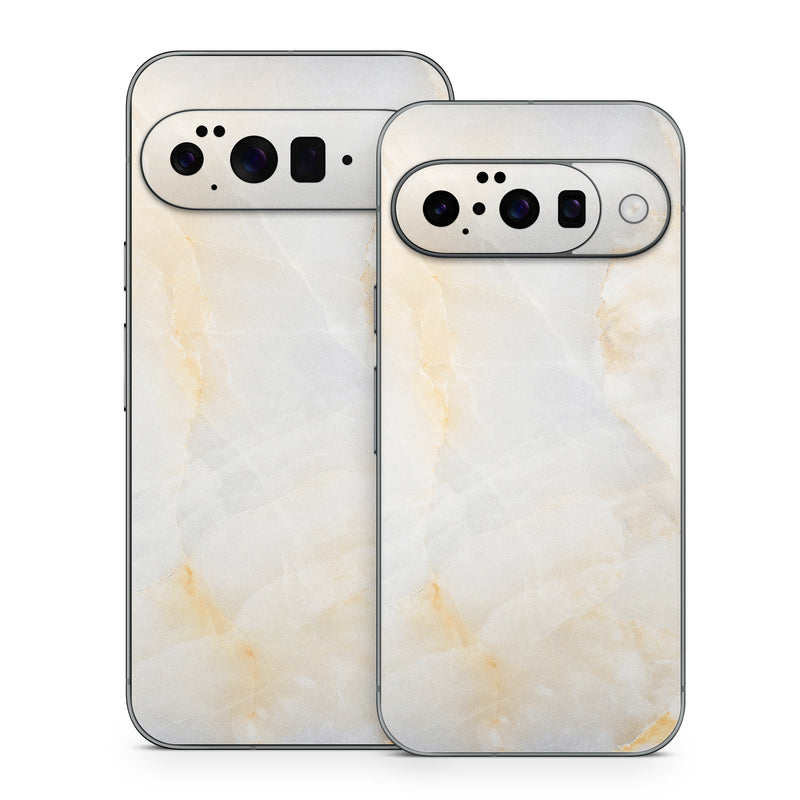 Google Pixel 10 Series Skin design of White, Textile, Flooring, Marble, Paper, Pattern, Fashion accessory, Tile, with white, orange, black, yellow colors