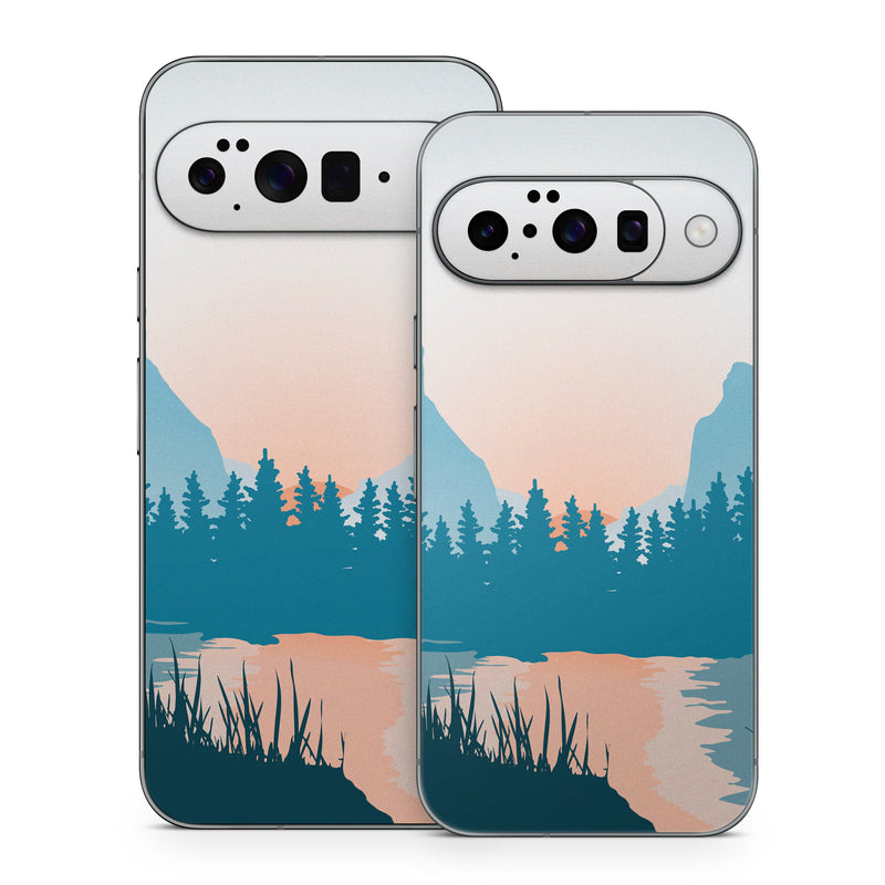 Google Pixel 10 Series Skin design of Sky, Atmosphere, Mountain, Ecoregion, Plant, Natural landscape, Larch, Highland, Fog, Atmospheric phenomenon, with blue, yellow, orange, green colors