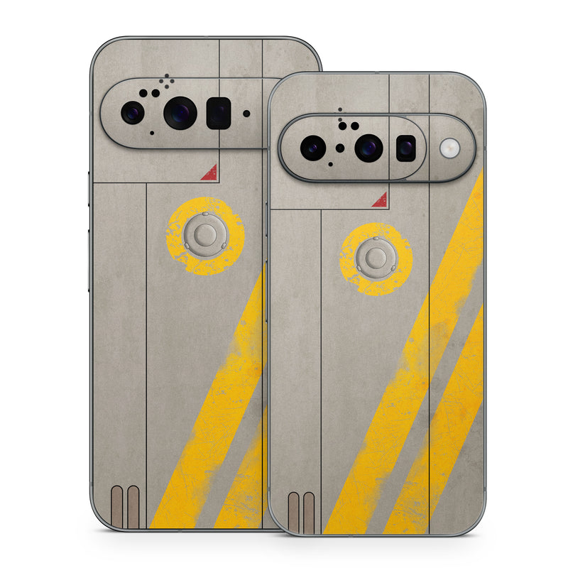 Google Pixel 10 Series Skin design of Yellow, Wall, Line, Orange, Design, Concrete, Font, Architecture, Parallel, Wood, with gray, yellow, red, black colors