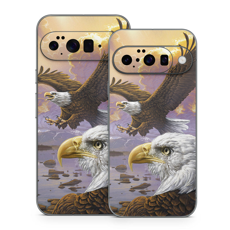 Google Pixel 10 Series Skin design of Bird, Bird of prey, Bald eagle, Vertebrate, Eagle, Accipitriformes, Accipitridae, Golden eagle, Beak, Hawk, with gray, black, green, red, purple colors