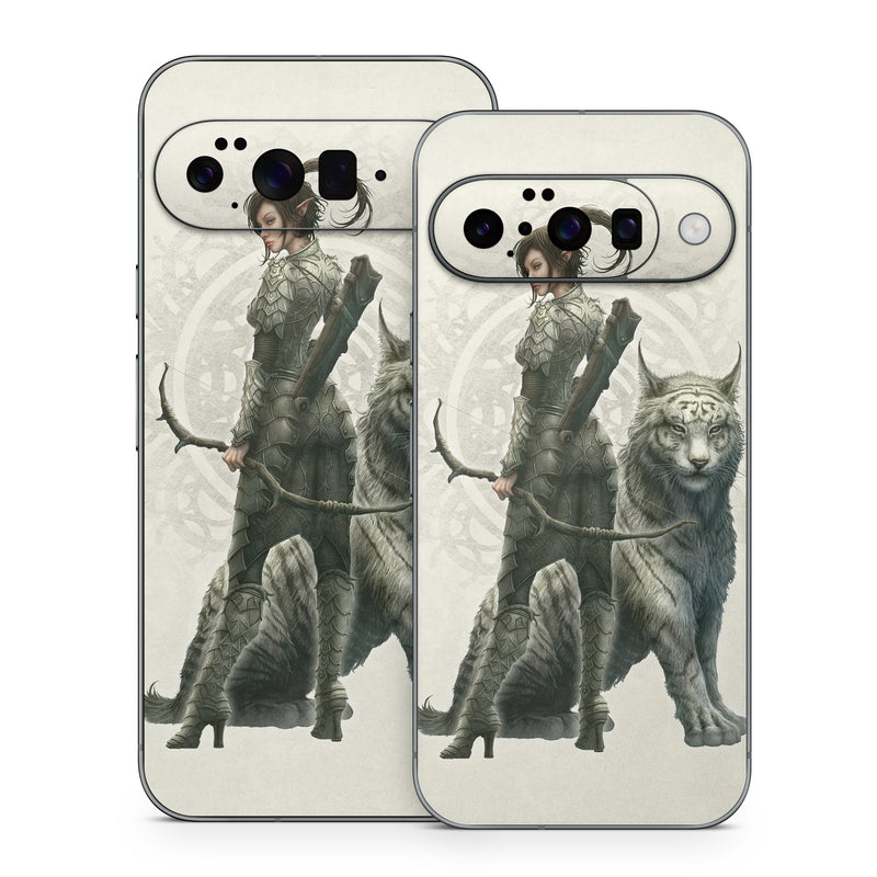 Google Pixel 10 Series Skin design of Illustration, Fictional character, Drawing, Woman warrior, Art, Mythology, Sketch, with gray, black, pink, yellow, green colors