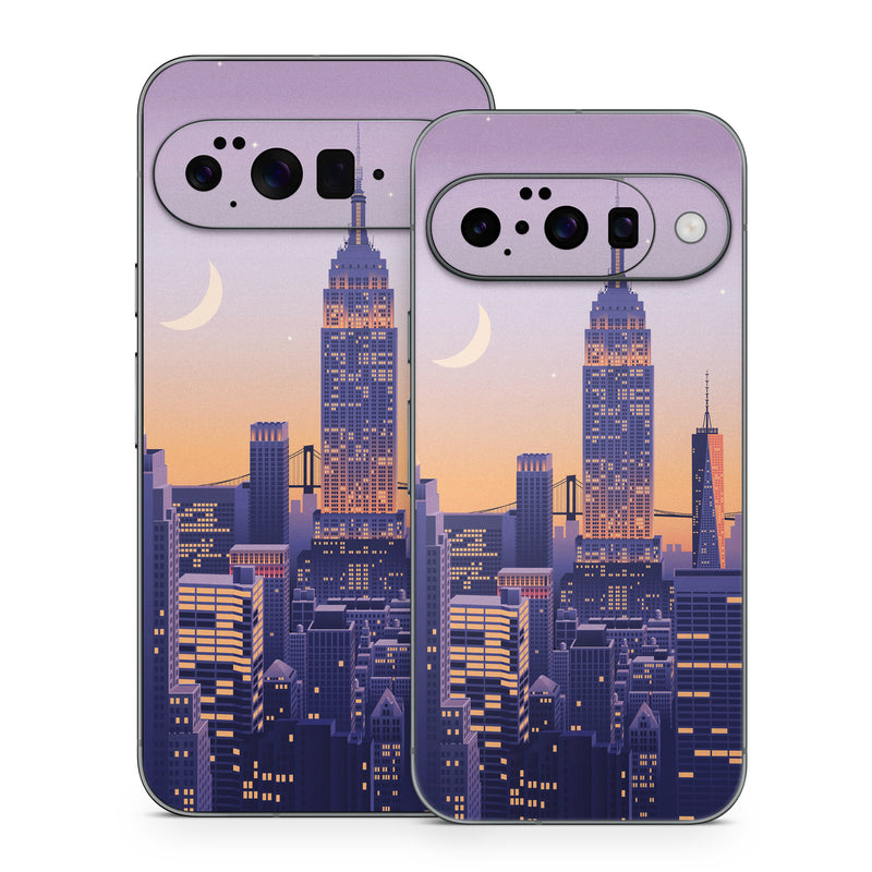 Google Pixel 10 Series Skin design of Skyscraper, Building, Sky, Atmosphere, Moon, World, Nature, Tower, Afterglow, Dusk, with blue, purple, yellow, orange colors
