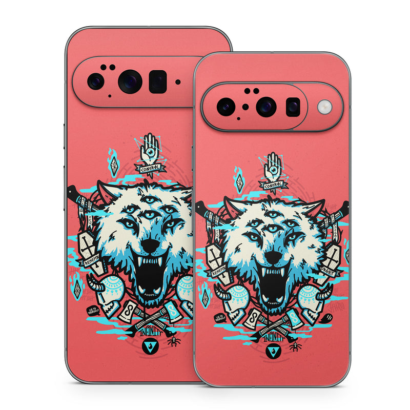 Google Pixel 10 Series Skin design of Graphic design, Illustration, Crest, Logo, T-shirt, Symbol, Font, Graphics, Emblem, Pattern, with red, blue, black, gray colors