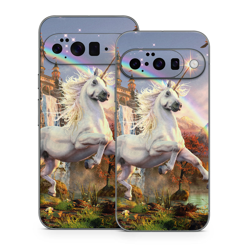Google Pixel 10 Series Skin design of Nature, Unicorn, Fictional character, Sky, Mythical creature, Mythology, Cg artwork, Horse, Mane, Wildlife, with black, gray, red, green, blue colors