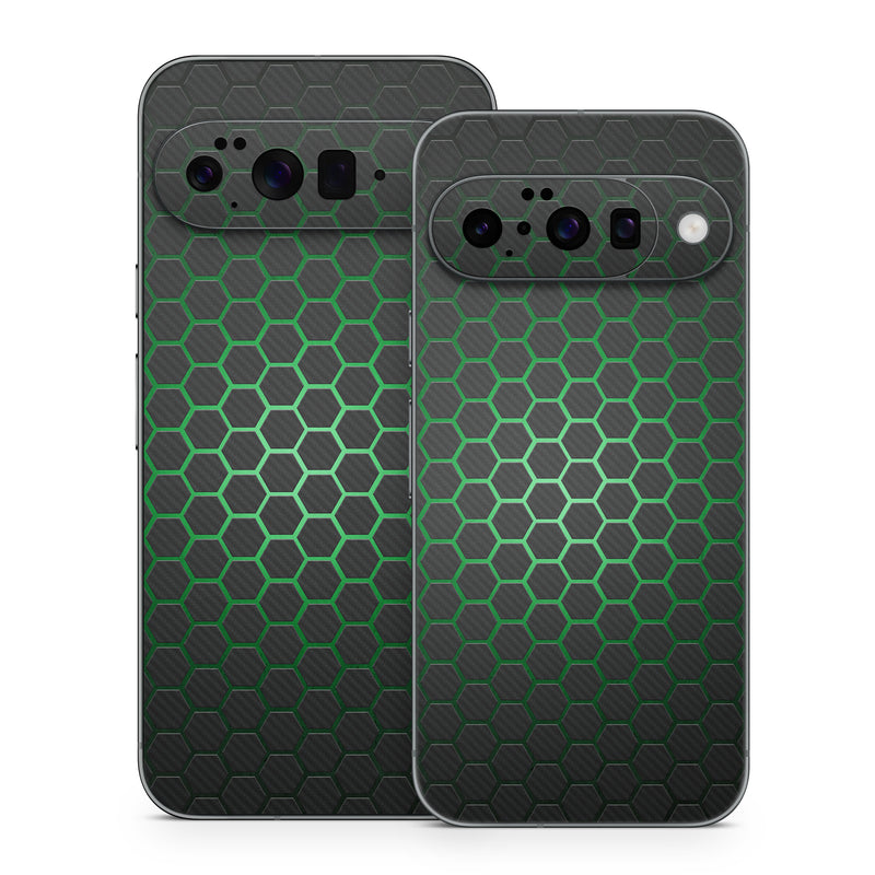 Google Pixel 10 Series Skin design of Pattern, Metal, Design, Carbon, Space, Circle, with black, gray, green colors