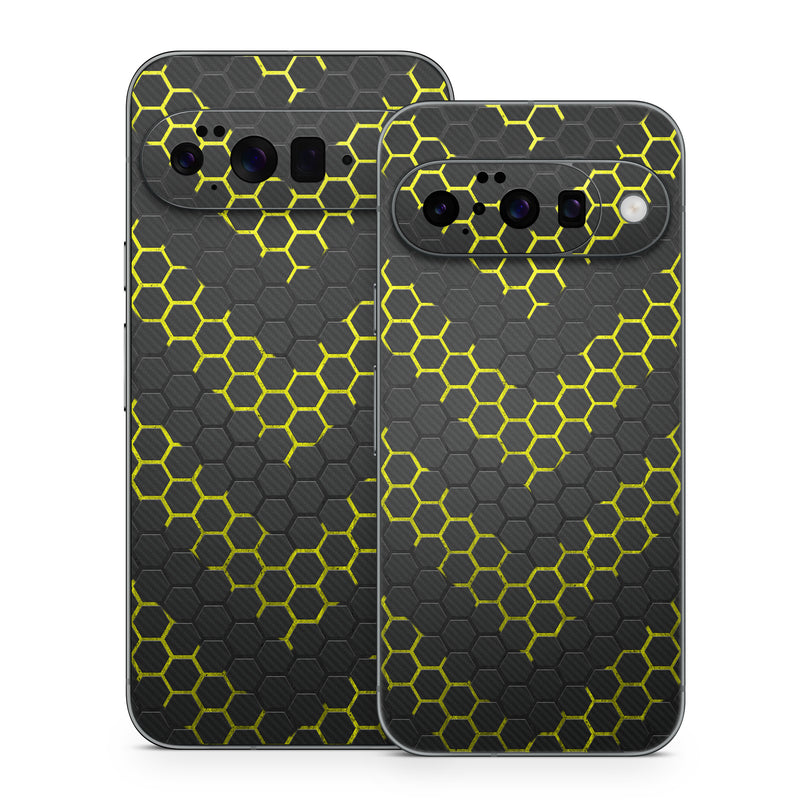 Google Pixel 10 Series Skin design of Black, Pattern, Yellow, Mesh, Net, Chain-link fencing, Design, Metal, with black, gray, yellow colors