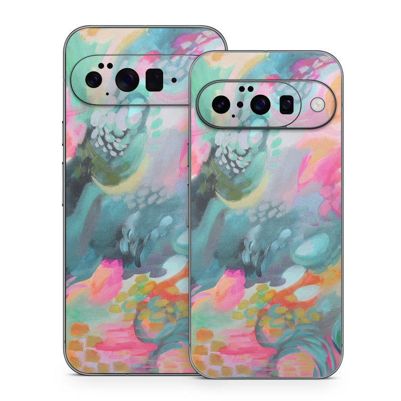 Google Pixel 10 Series Skin design of Painting, Acrylic paint, Modern art, Art, Pink, Visual arts, Watercolor paint, Pattern, Illustration, Paint, with blue, pink, orange, yellow, green, purple colors