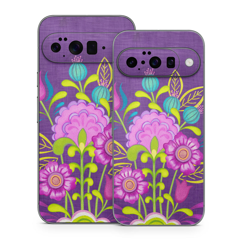Google Pixel 10 Series Skin design of Flower, Pattern, Plant, Violet, Botany, Visual arts, Design, Floral design, Art, Magenta, with blue, purple, green, gray, red colors