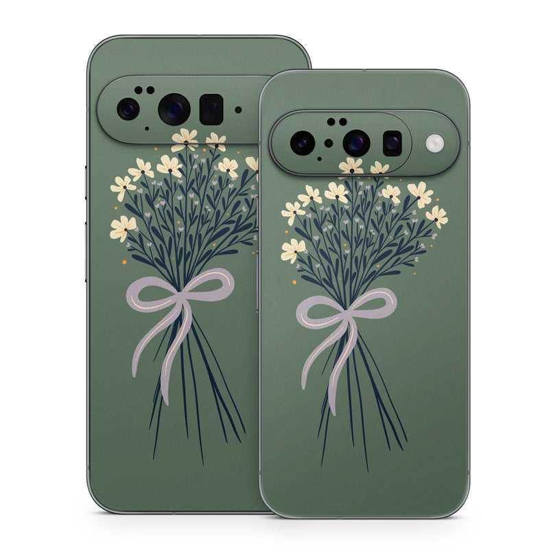 Google Pixel 10 Series Skin design of Flower, Plant, Twig, Tree, Art, Pedicel, Flowering plant, Grass, Petal, Illustration, with green, yellow, white, purple colors
