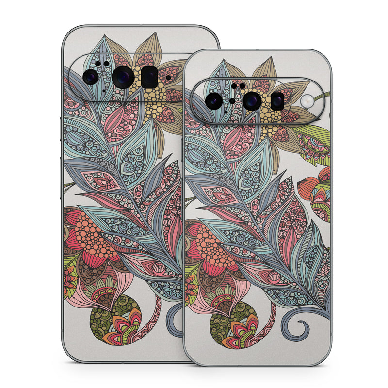 Google Pixel 10 Series Skin design of Botany, Plant, Leaf, Pattern, Flower, Illustration, Design, Motif, Protea family, Flowering plant, with green, blue, pink, red, yellow, orange, gray, brown colors