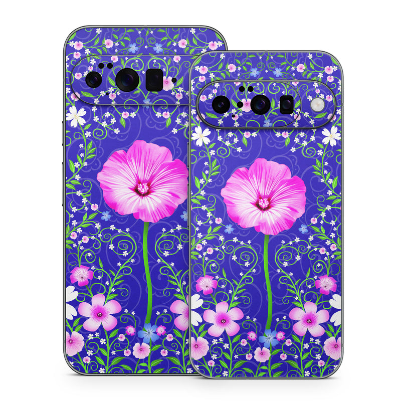 Google Pixel 10 Series Skin design of Purple, Violet, Flower, Plant, Wildflower, Pattern, Petal, Design, Graphics, Morning glory, with blue, purple, pink, green, white, yellow colors
