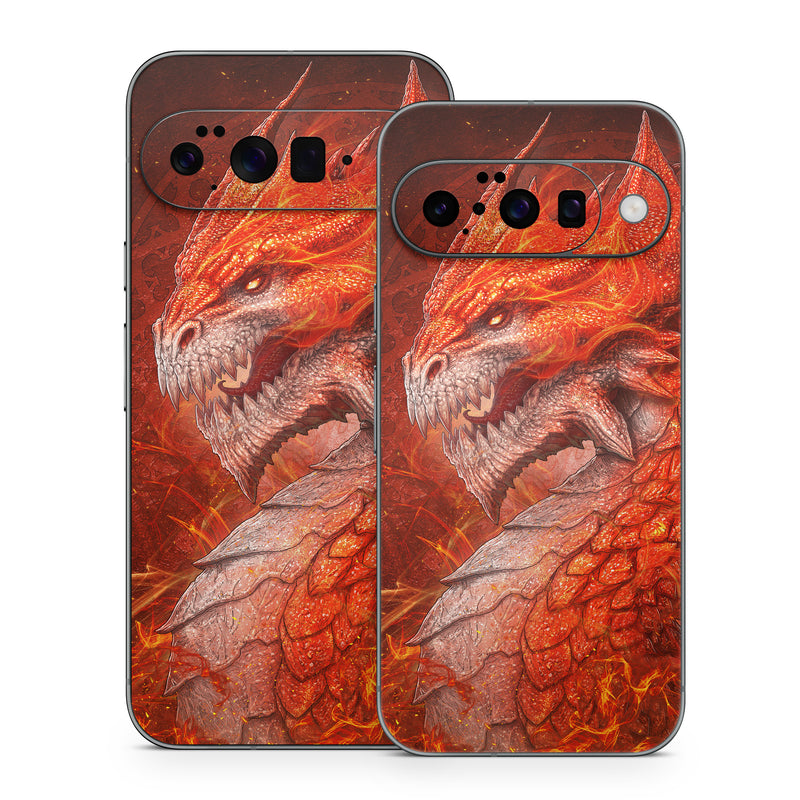Google Pixel 10 Series Skin design of Fictional character, Cg artwork, Illustration, Art, Demon, Geological phenomenon, Mythical creature, Dragon, Cryptid, with red, orange, yellow colors