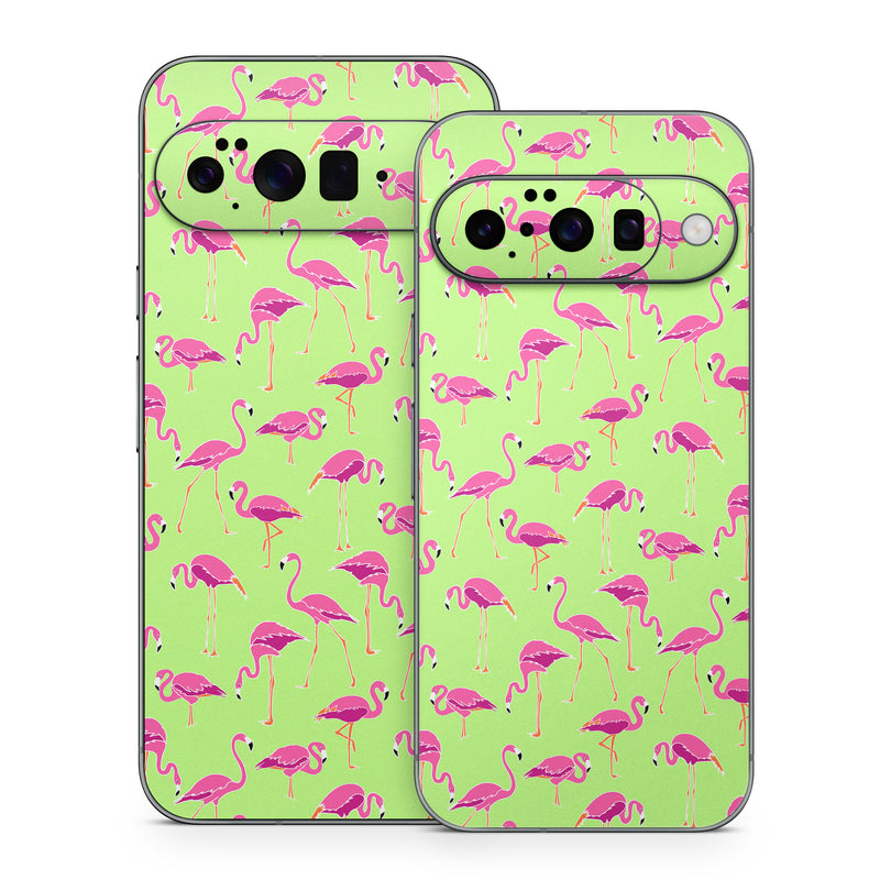 Google Pixel 10 Series Skin design of Pink, Green, Red, Pattern, Wrapping paper, Textile, Design, Flamingo, Line, with pink, green colors
