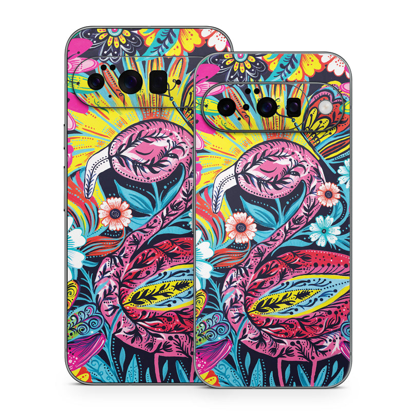 Google Pixel 10 Series Skin design of Psychedelic art, Pattern, Visual arts, Art, Design, Textile, Illustration, Plant, Graphic design, Drawing, with pink, yellow, black, blue, white colors