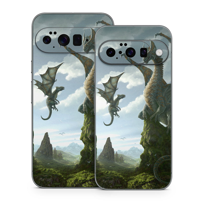 Google Pixel 10 Series Skin design of Dragon, Cg artwork, Fictional character, Mythical creature, Mythology, Extinction, Cryptid, Illustration, Games, Massively multiplayer online role-playing game, with black, gray, blue, white, purple colors