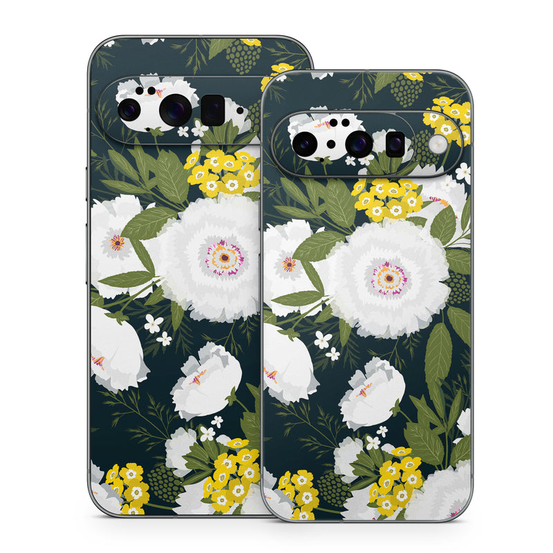 Google Pixel 10 Series Skin design of Flower, Flowering plant, Plant, Petal, Daisy, mayweed, Wildflower, Floral design, Annual plant, with green, yellow, white, orange colors