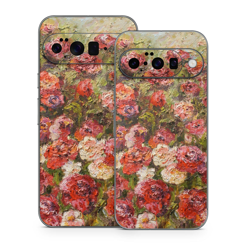 Google Pixel 10 Series Skin design of Flower, Garden roses, Rose, Plant, Floribunda, Flowering plant, Rosa × centifolia, Rose family, Botany, Petal, with red, black, green, gray colors