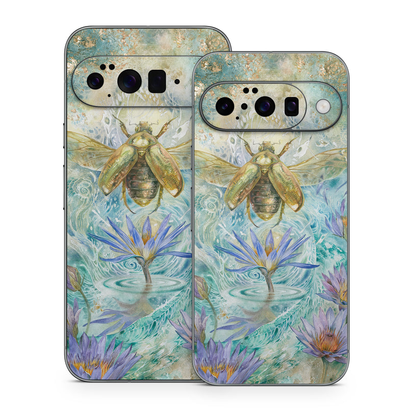 Google Pixel 10 Series Skin design of Painting, Fictional character, Art, Flower, Watercolor paint, Plant, Wildflower, Angel, Honeybee, Mythology, with blue, yellow, brown, purple, red, white colors