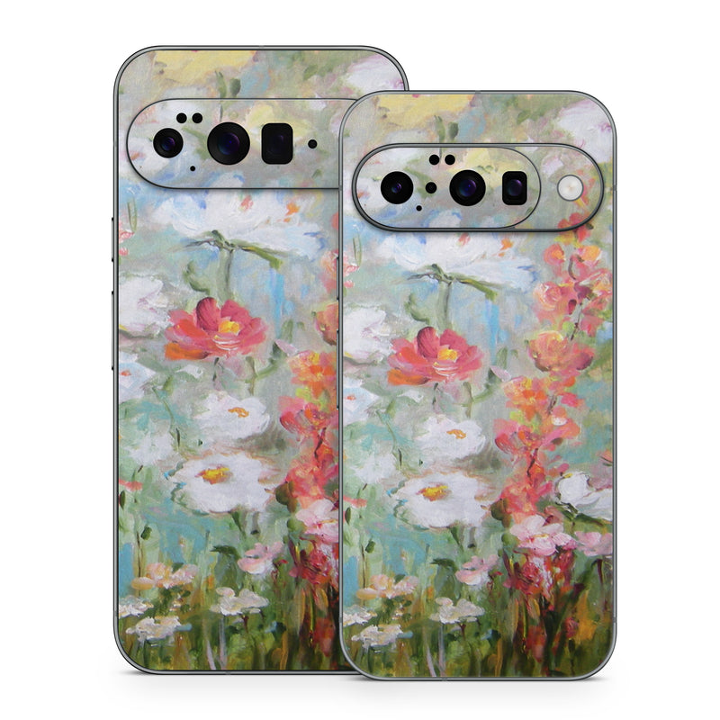 Google Pixel 10 Series Skin design of Flower, Painting, Watercolor paint, Plant, Modern art, Wildflower, Botany, Meadow, Acrylic paint, Flowering plant, with gray, black, green, red, blue colors