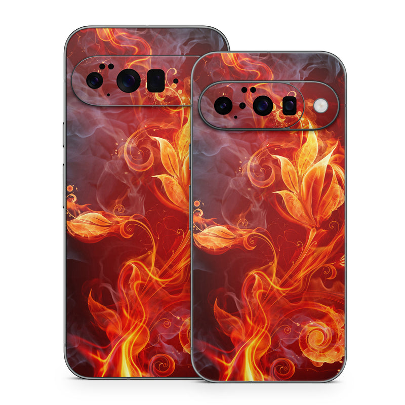 Google Pixel 10 Series Skin design of Flame, Fire, Heat, Red, Orange, Fractal art, Graphic design, Geological phenomenon, Design, Organism, with black, red, orange colors