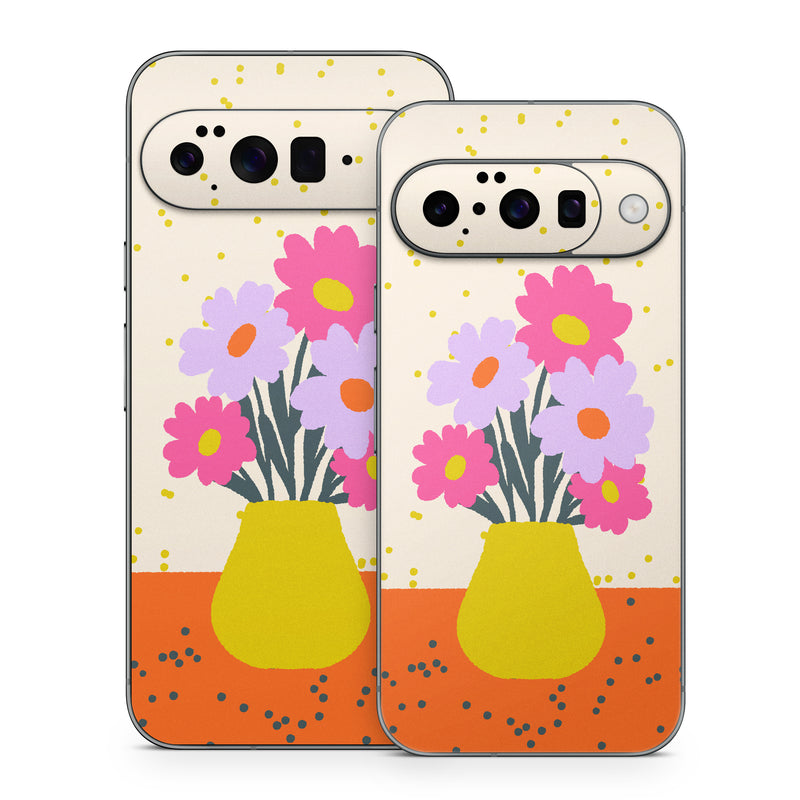 Google Pixel 10 Series Skin design of Flower, Plant, Vase, Flowerpot, Petal, Happy, People in nature, Liquid, Font, Art, with white, orange, pink, purple, yellow colors