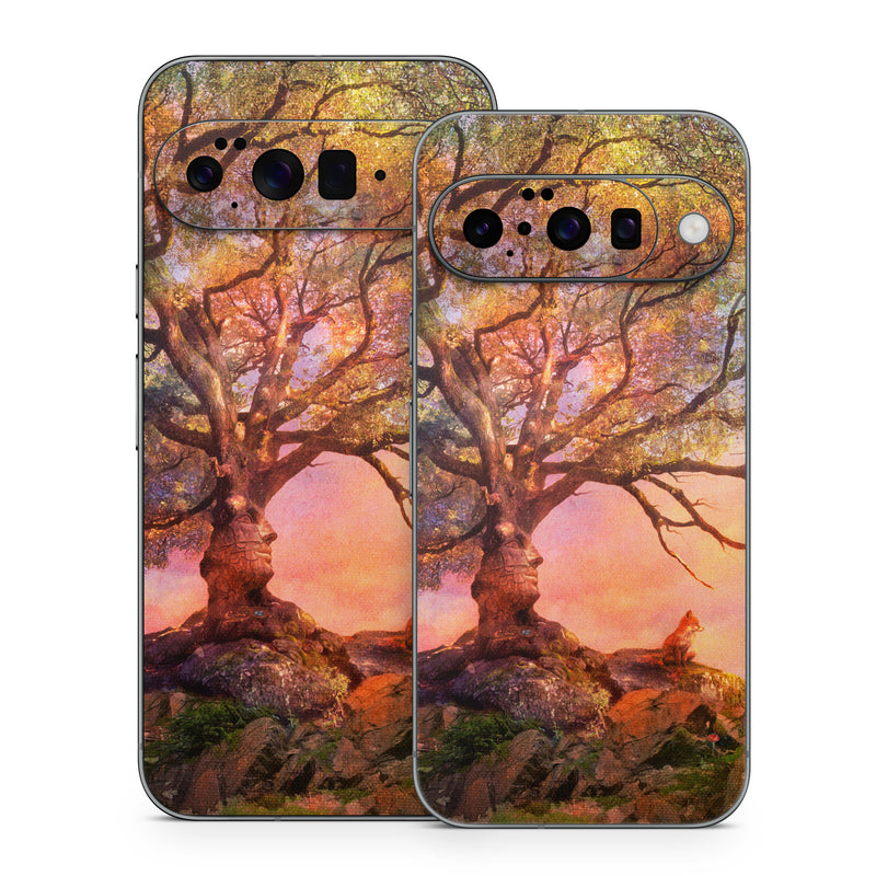 Google Pixel 10 Series Skin design of Nature, Tree, Sky, Natural landscape, Branch, Leaf, Woody plant, Trunk, Landscape, Plant, with pink, red, black, green, gray, orange colors