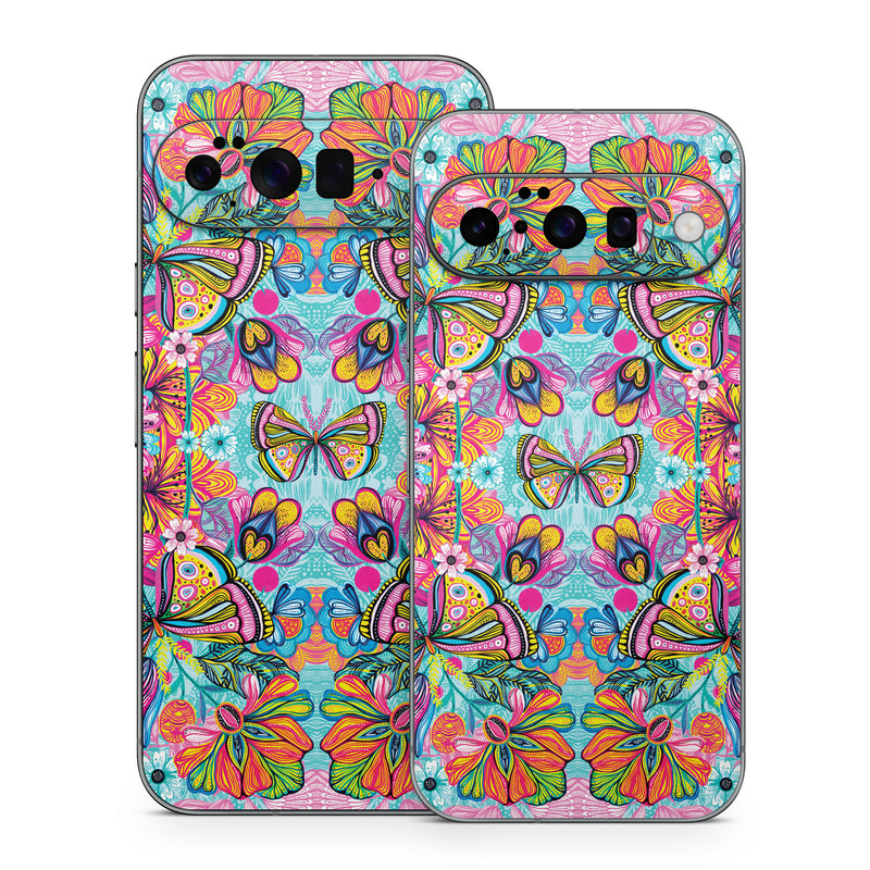 Google Pixel 10 Series Skin design of Pattern, Design, Textile, Psychedelic art, Visual arts, Symmetry, Art, Motif, with blue, pink, green, yellow, orange, purple colors