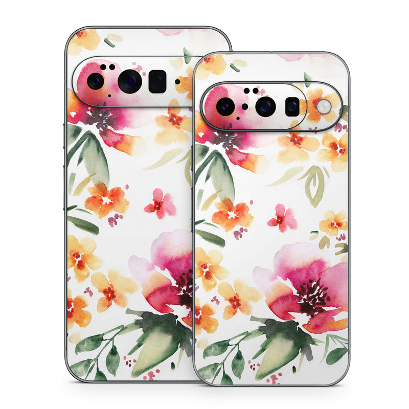 Google Pixel 10 Series Skin design of Flower, Floral design, Pink, Pattern, Petal, Plant, Botany, Design, Wildflower, Clip art, with white, pink, red, orange, green colors