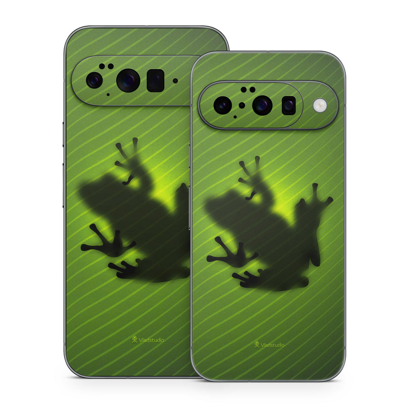 Google Pixel 10 Series Skin design of Green, Frog, Tree frog, Amphibian, Shadow, Silhouette, Macro photography, Illustration, with green, black colors