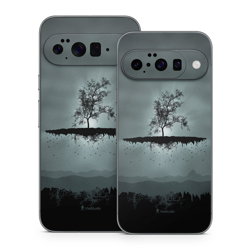Google Pixel 10 Series Skin design of Reflection, Sky, Nature, Water, Black, Tree, Black-and-white, Monochrome photography, Natural landscape, Atmospheric phenomenon, with black, gray, blue colors