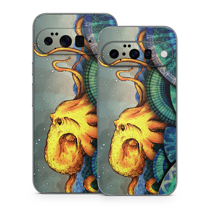 Google Pixel 10 Series Skin design of Illustration, Fractal art, Art, Cg artwork, Sky, Organism, Psychedelic art, Graphic design, Graphics, Octopus, with black, gray, blue, green, red colors