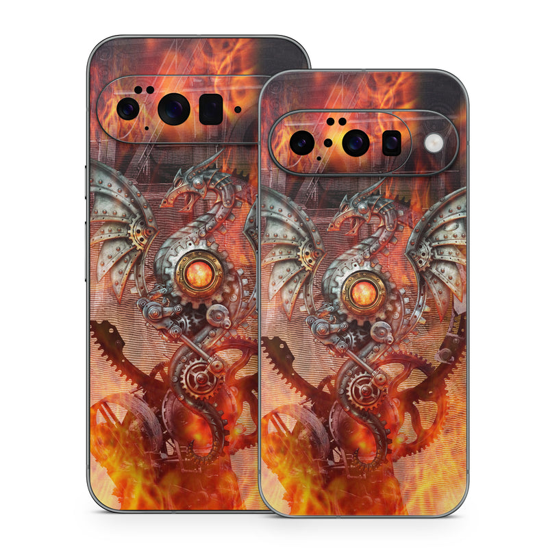 Google Pixel 10 Series Skin design of Dragon, Demon, Cg artwork, Illustration, Fictional character, Fractal art, Flame, Art, Mythology, Supernatural creature, with red, black, orange, pink, green colors