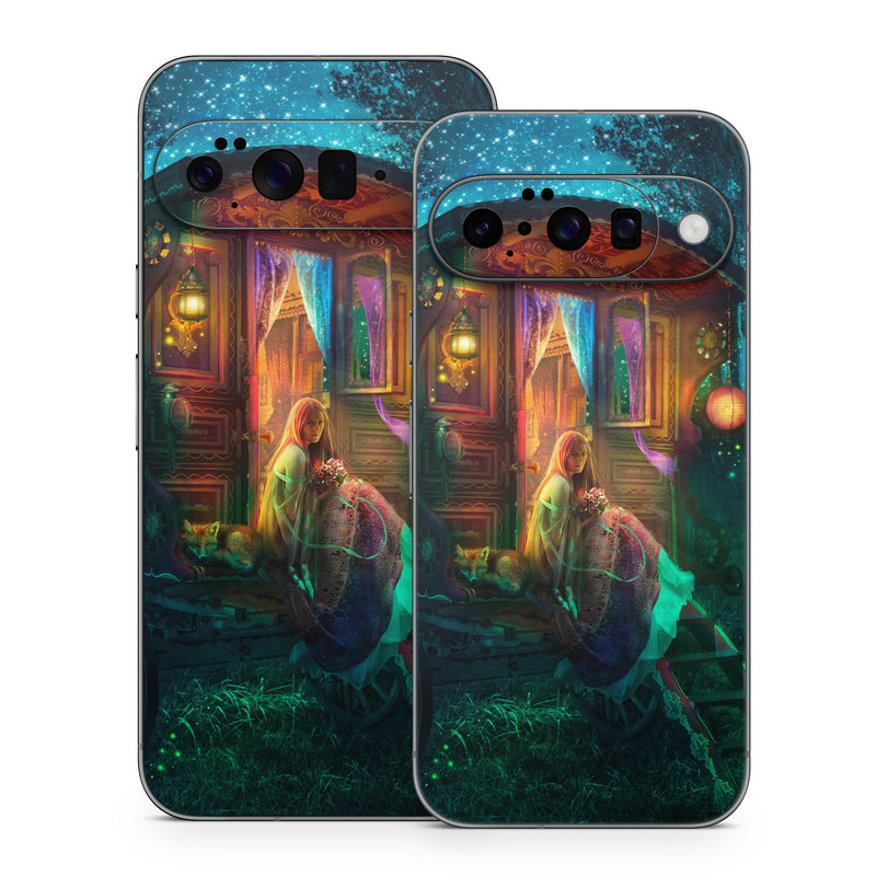 Google Pixel 10 Series Skin design of Illustration, Adventure game, Darkness, Art, Digital compositing, Fictional character, Games, with black, red, blue, green colors