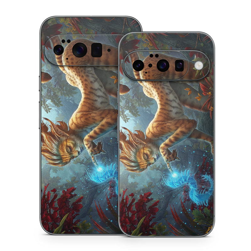 Google Pixel 10 Series Skin design of Fictional character, Mythology, Illustration, Cg artwork, Sky, Organism, Dragon, Felidae, Mythical creature, Art, with yellow, red, black, green, blue colors