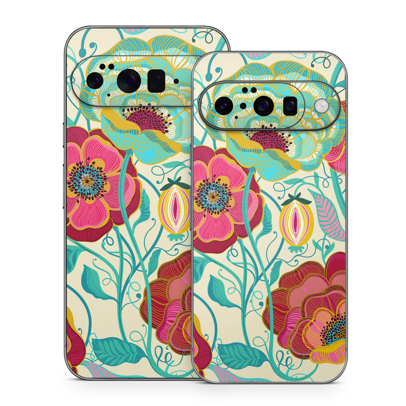 Google Pixel 10 Series Skin design of Plant, Botany, Textile, Pink, Creative arts, Petal, Magenta, Art, Pattern, Rectangle, with white, red, pink, yellow, green, blue, black colors