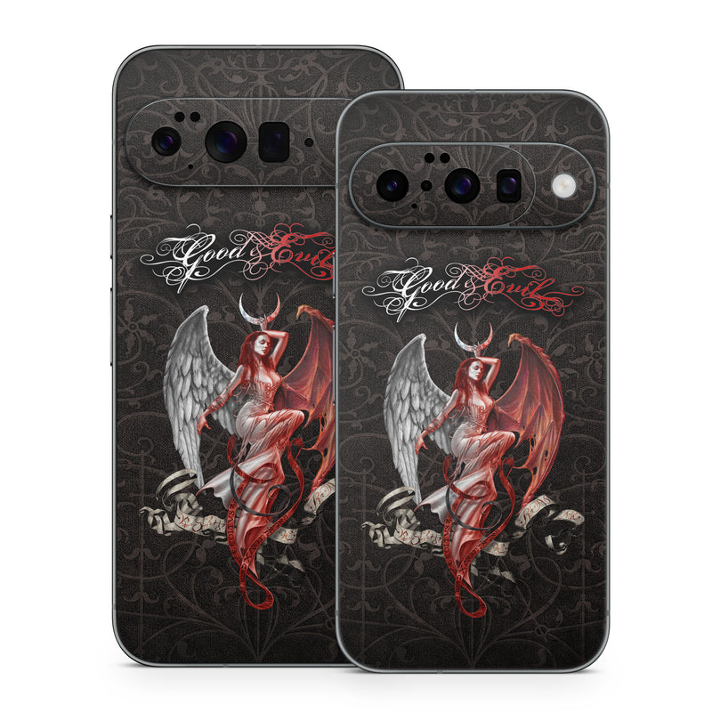 Google Pixel 10 Series Skin design of Illustration, Fictional character, Graphic design, Supernatural creature, Demon, Cg artwork, Art, Mythology, Angel, Wing, with black, white, red colors