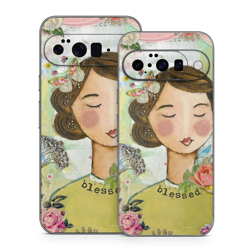 Google Pixel 10 Series Skin design of Illustration, Cheek, Art, Watercolor paint, Retro style, Painting, Plant, Flower, Fashion illustration, Fictional character, with pink, green, yellow, white, red, blue colors