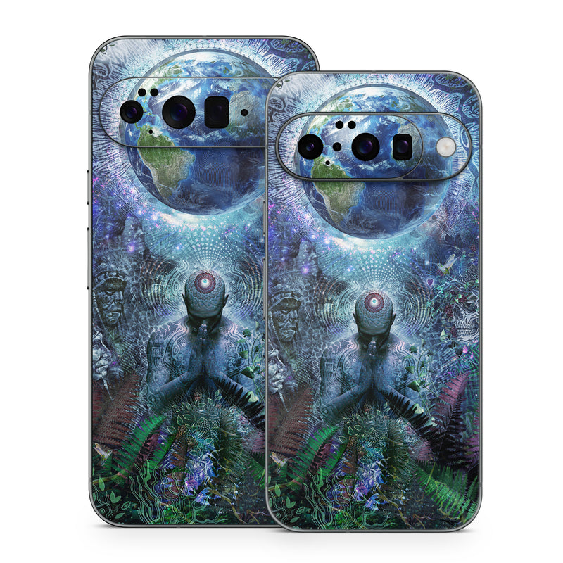 Google Pixel 10 Series Skin design of Psychedelic art, Fractal art, Art, Space, Organism, Earth, Sphere, Graphic design, Circle, Graphics, with blue, green, gray, purple, pink, black, white colors